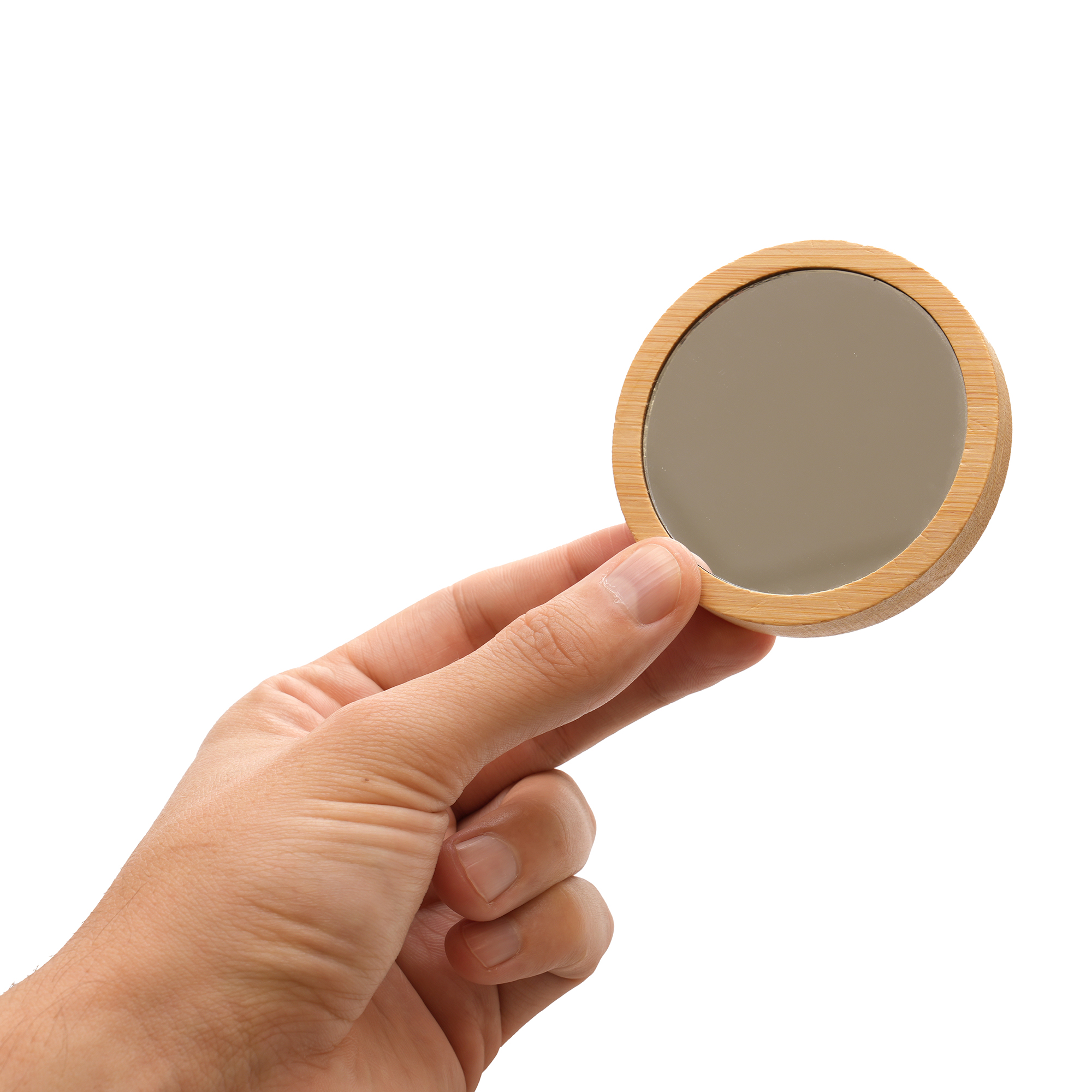 A round compact mirror in an eco-friendly bamboo casing with your choice of engraving or print to the back.