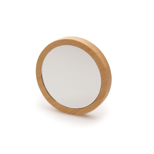A round compact mirror in an eco-friendly bamboo casing with your choice of engraving or print to the back.