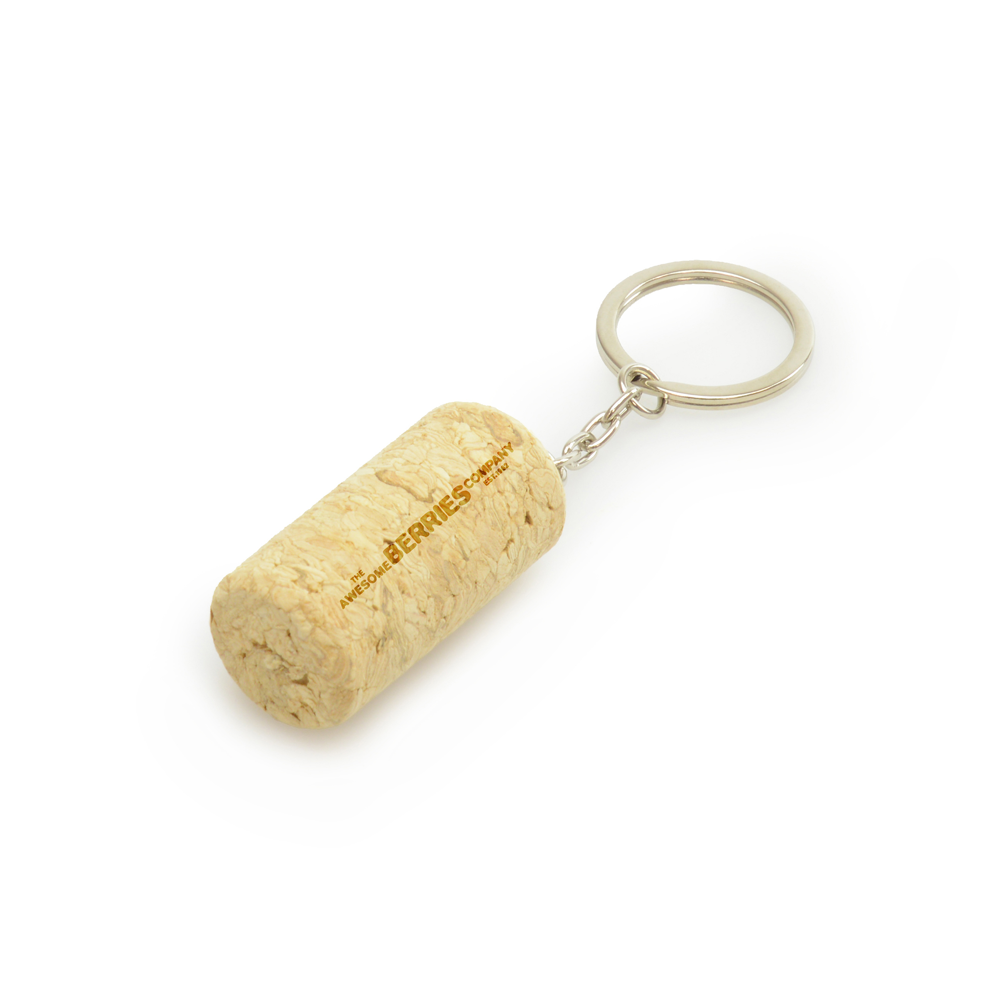 This cylinder cork keyring featuring a metal split keyring it can be easily attached to house or car keys. The cork part of the keyring is fully biodegradable and eco-friendly.