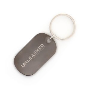 Dog tag shape metal keyring with split ring attachment and engraving.