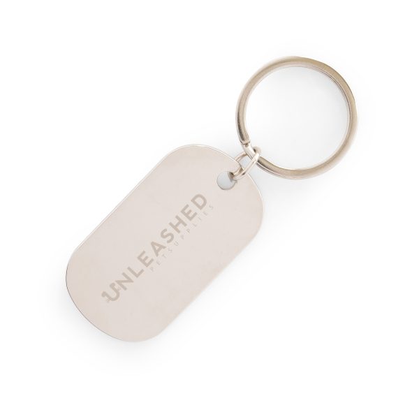 Dog tag shape metal keyring with split ring attachment and engraving.