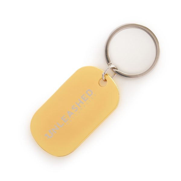 Dog tag shape metal keyring with split ring attachment and engraving.