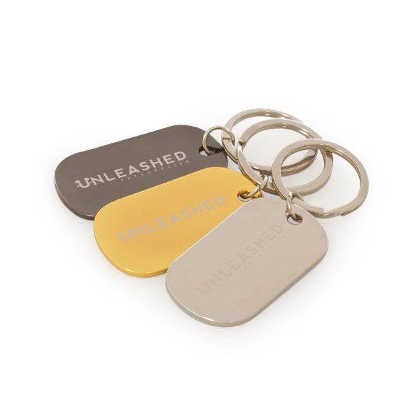 Dog tag shape metal keyring with split ring attachment and engraving.