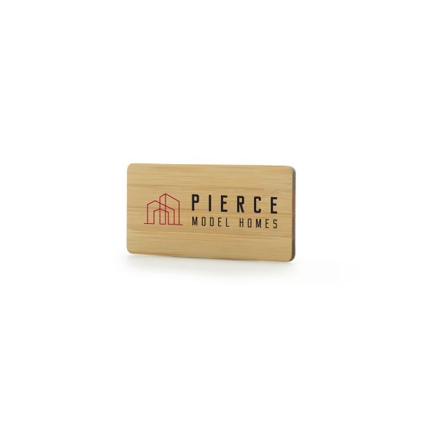 Sustainable bamboo rectangle badge with large personalisation area. Magnet attachment on the reverse for attaching to clothing.