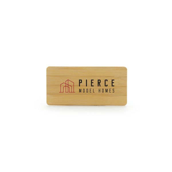 Sustainable bamboo rectangle badge with large personalisation area. Magnet attachment on the reverse for attaching to clothing.