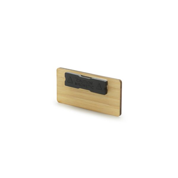 Sustainable bamboo rectangle badge with large personalisation area. Magnet attachment on the reverse for attaching to clothing.