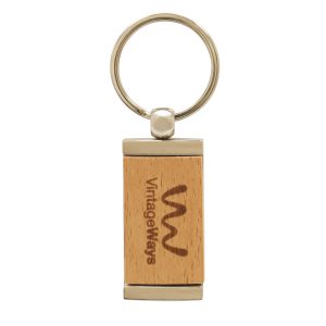 Rectangular zinc alloy keyring with split ring attachment and an attractive natural bamboo centre panel to carry your logo.