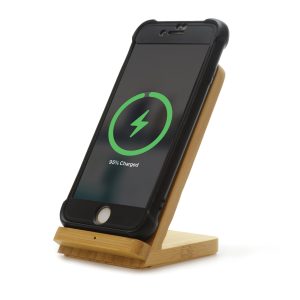 Bamboo phone stand with built in wireless charging, compatible with many mobile phones. LED indicator light to show when powered up and charging. Individually packed in recyclable cardboard box with micro-USB charging cable and user instruction manual.
