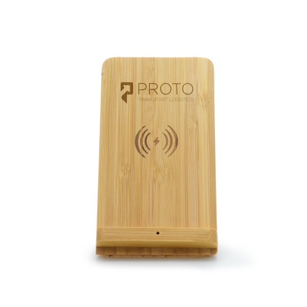 Bamboo phone stand with built in wireless charging, compatible with many mobile phones. LED indicator light to show when powered up and charging. Individually packed in recyclable cardboard box with micro-USB charging cable and user instruction manual.