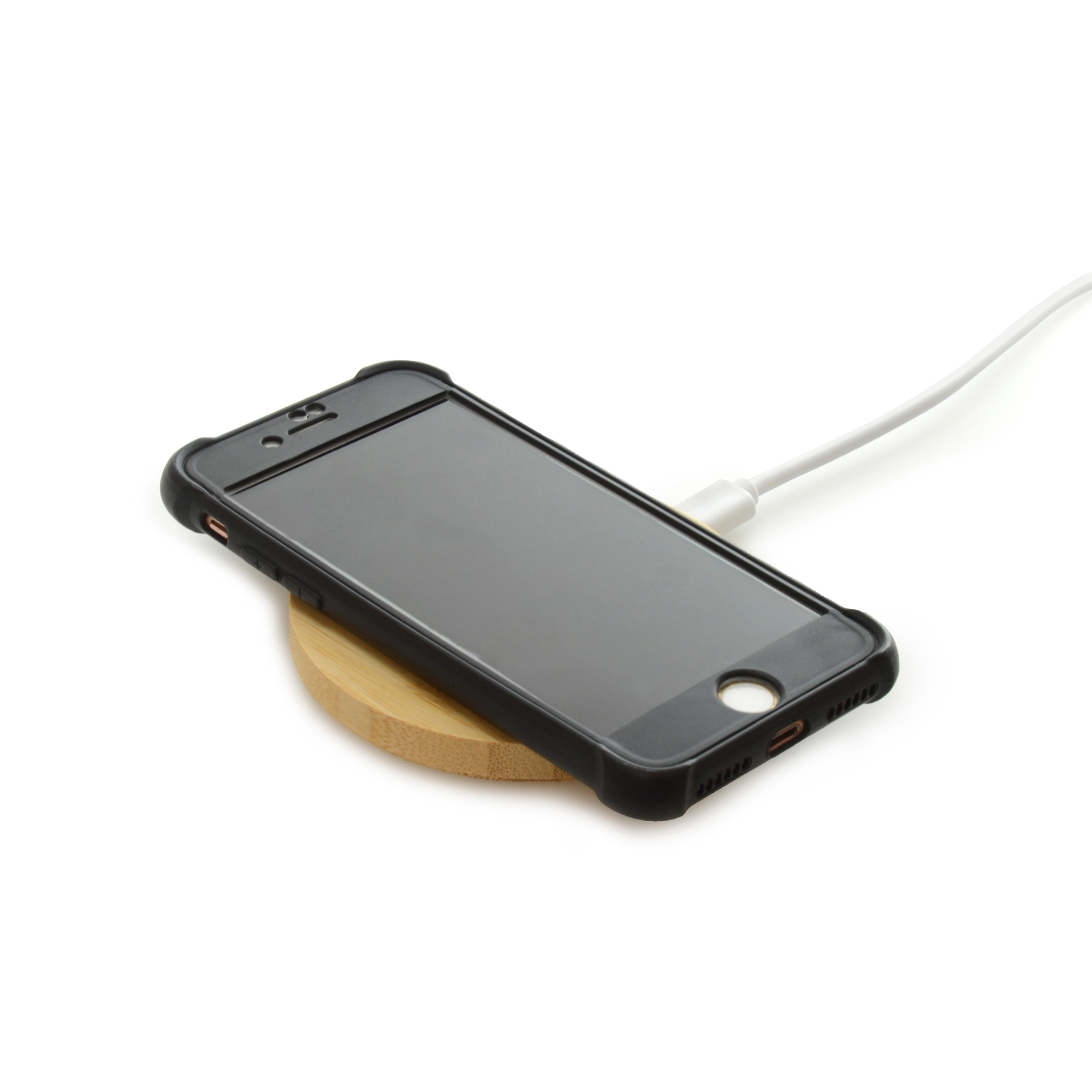 Circular bamboo 5w wireless charger with TYPE-C input port. Supplied with a 30cm USB to TYPE-C charging cable. Will charge most QI enabled devices.