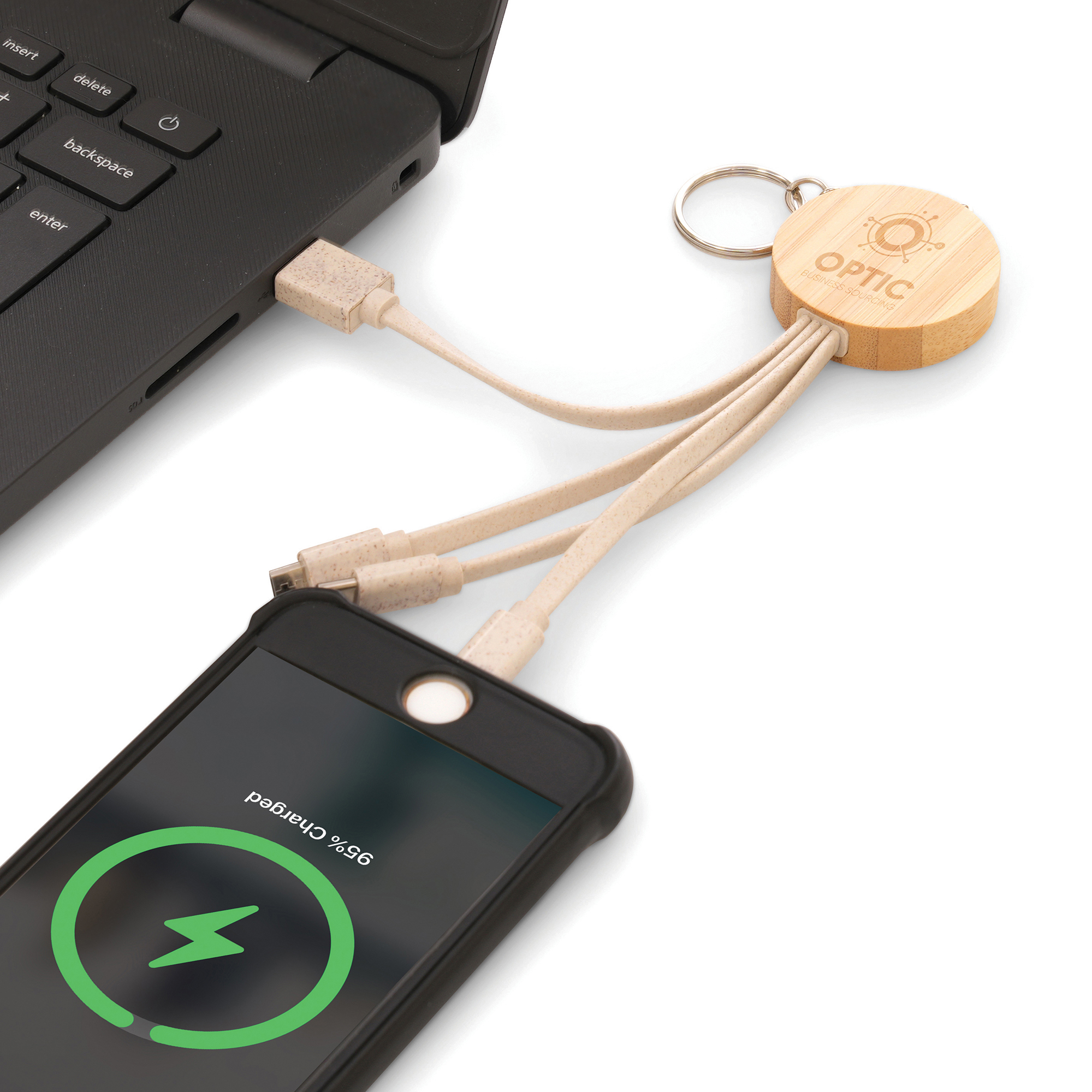 Charge your phone in style with this eco, high quality round bamboo charger with wheat straw cables. Comes with a split ring attachment. Features type C connector, 5 pin connector (iPhone) and micro USB (android) connector.
