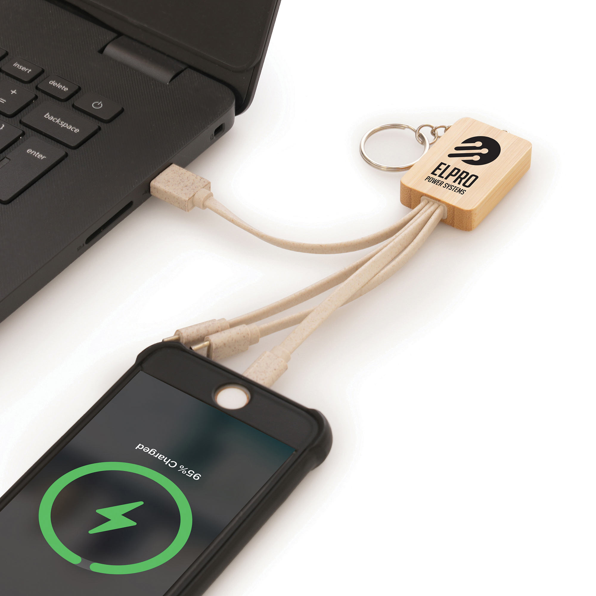 Charge your phone in style with this eco, high quality rectangle bamboo charger with wheat straw cables. Comes with a split ring attachment. Features type C connector, 5 pin connector (iPhone) and micro USB (android) connector.