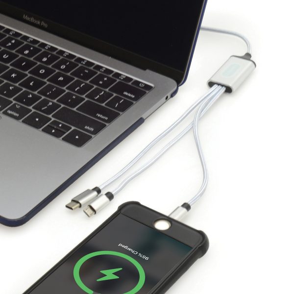 Plug this charger in with either the USB or USB-C type connecters. Then choose from use the type C connector, 5 pin connector (iPhone) and micro USB (android) connectors to charge up devices. Laser engraving allows your logo to be lit up when plugged in!