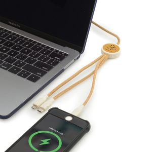 Cork cable charger with wheat USB connection and a 3-in-1 type C connector, 5 pin connector (iPhone) and micro USB (android) connector.