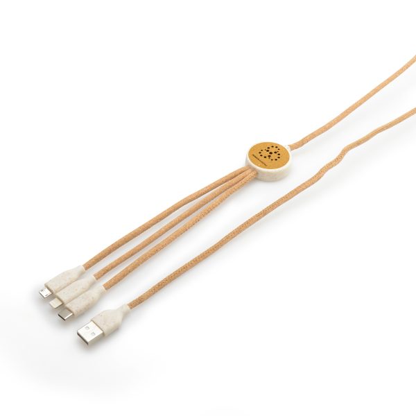 Cork cable charger with wheat USB connection and a 3-in-1 type C connector, 5 pin connector (iPhone) and micro USB (android) connector.