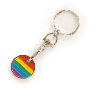 Trolley coin with rainbow enamel stamping to one side as standard and silver nickel plated to the other with a great branding area to engrave your company logo. Great for pride and charities!