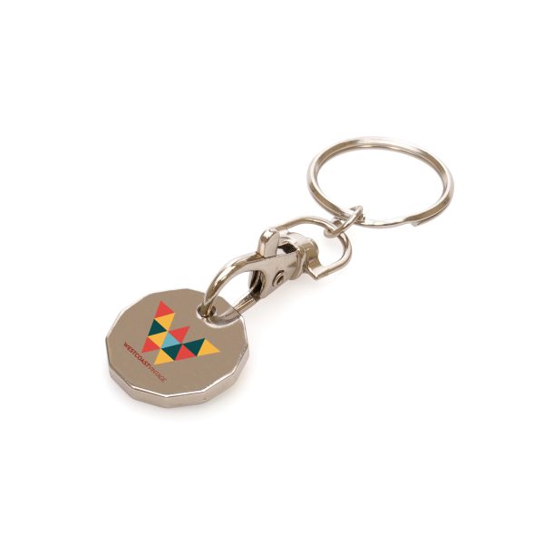 Trolley coin with rainbow enamel stamping to one side as standard and silver nickel plated to the other with a great branding area to engrave your company logo. Great for pride and charities!