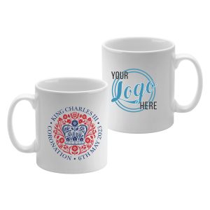 Cambridge ceramic mug in white with Kin's Coronation design one side, your logo on the opposite.