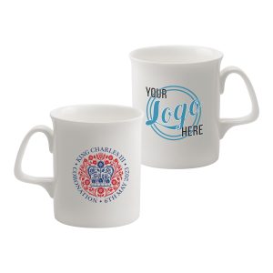 Marlborough Bone China mug printed with Kings Charles III Commemorative logo in a choice of 4 designs, your logo on the back