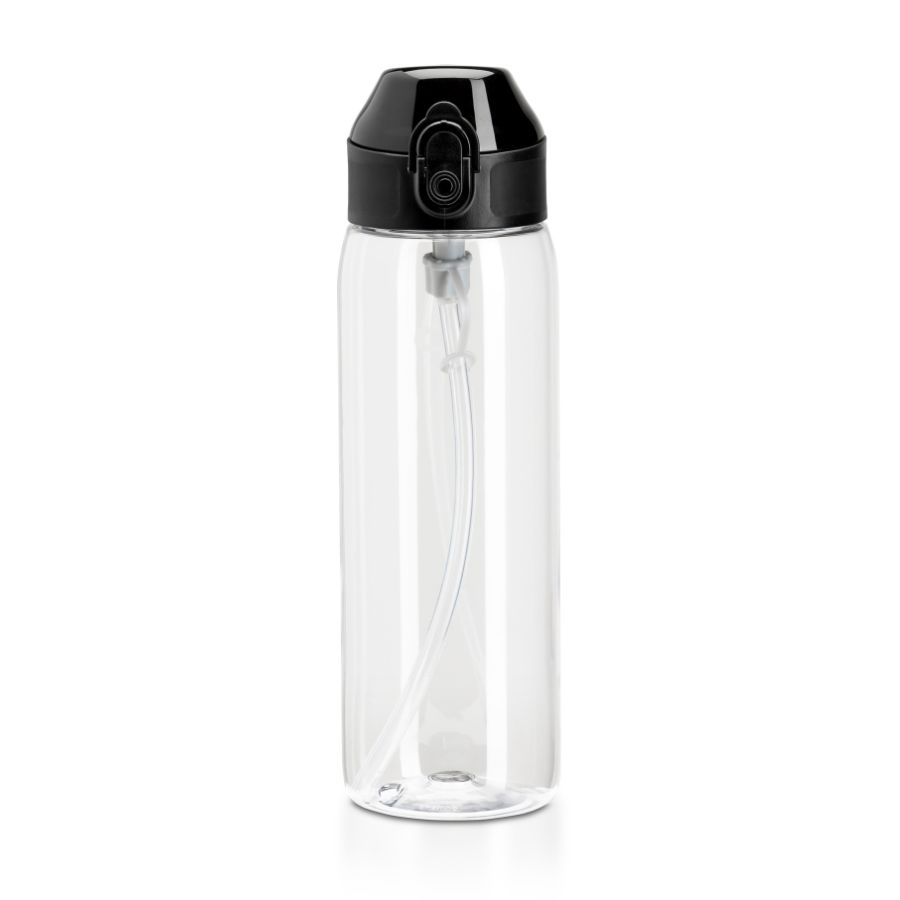 Nero Tritan 600ml sports bottle in clear with a black lid ,is made from shatterproof Titan giving it a crystal clear glass like appearance