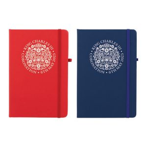 King Charles III A5 Coronation note book printed with the official Coronation logo in white