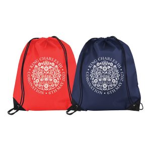 Draw String Rucksack printed with the Coronation logo in white. Available in red or blue