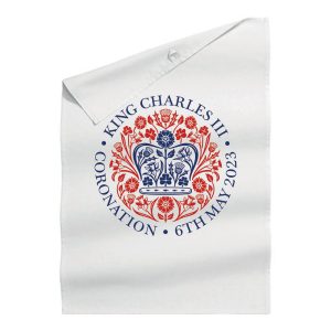 Traditional cotton tea towel in natural. Printed with the Coronation logo.