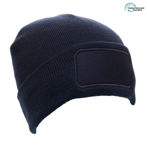 This eco beanie is crafted from a Recycled Polyester/Acrylic blend. Designed with a double-layer knit, a cuffed design and a large polyester rectangular patch at the front which offers a smooth surface to advertise your brand. Available in variety of colours.