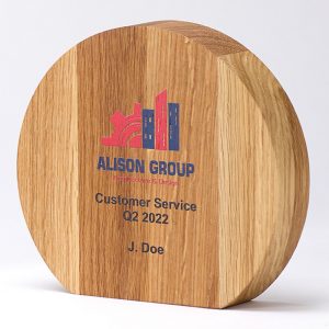 Our sustainably sourced and FSC approved wooden beech awards are crafted from high-quality laser engraving or full colour printing and supplied in a recycled cardboard gift box.