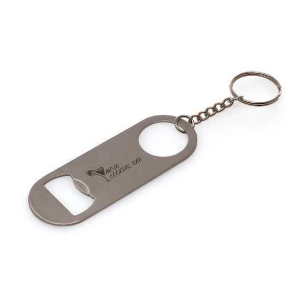 Flat silver stainless steel bottle opener keyring with round edges. Add your engraved logo to give a high quality, premium look. The split ring attachment is perfect for attaching keys and the bottle opener feature is ideal for on the go.