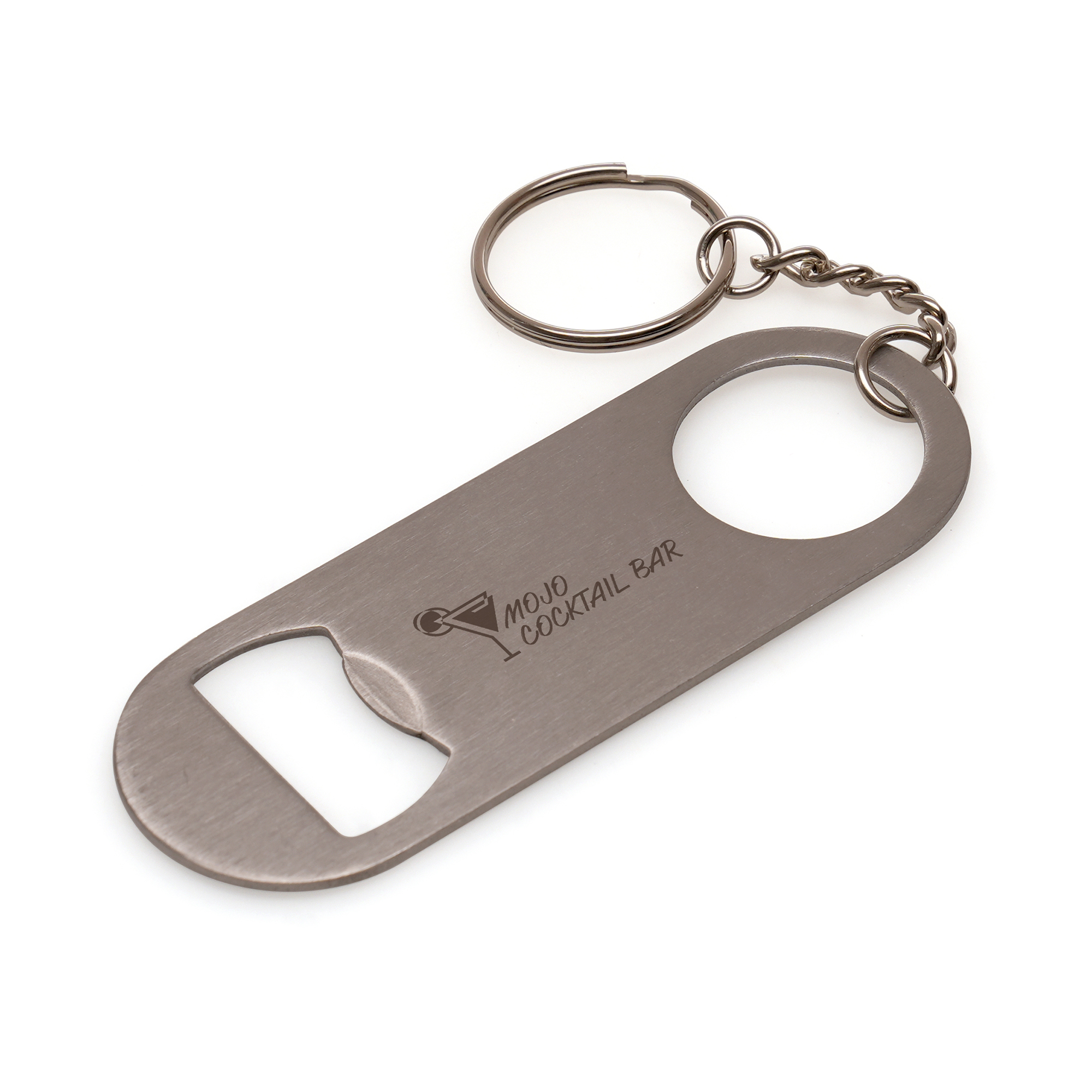 Flat silver stainless steel bottle opener keyring with round edges. Add your engraved logo to give a high quality, premium look. The split ring attachment is perfect for attaching keys and the bottle opener feature is ideal for on the go.