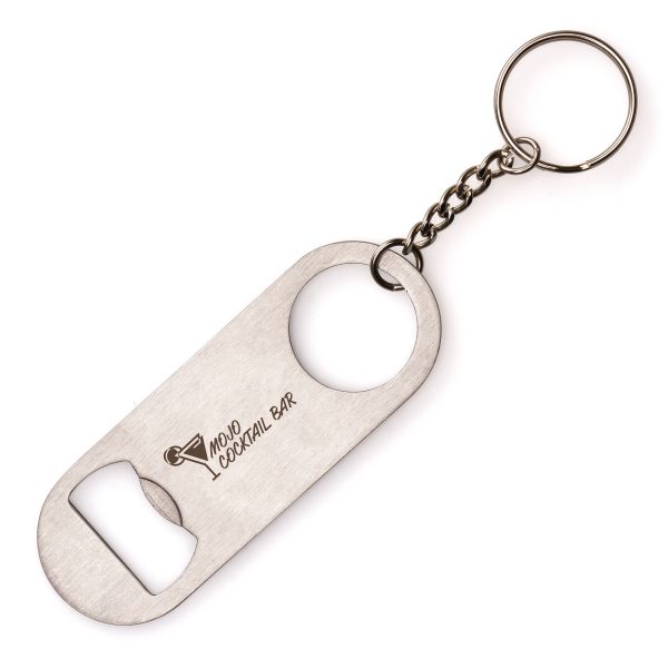Flat silver stainless steel bottle opener keyring with round edges. Add your engraved logo to give a high quality, premium look. The split ring attachment is perfect for attaching keys and the bottle opener feature is ideal for on the go.