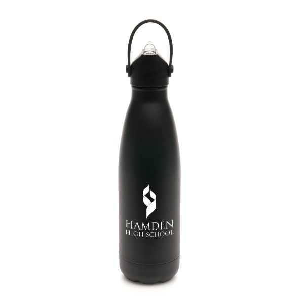 500ml double walled, stainless steel drinks bottle with a powder finish and screw on lid with a flip up straw and handle. (PP plastic lid and handle, PS sipper and PE straw). BPA and PVC free.