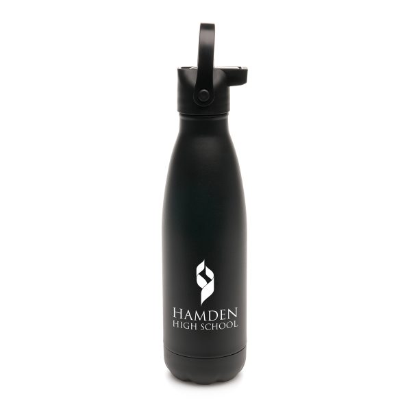 500ml double walled, stainless steel drinks bottle with a powder finish and screw on lid with a flip up straw and handle. (PP plastic lid and handle, PS sipper and PE straw). BPA and PVC free.