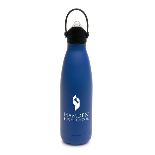 500ml double walled, stainless steel drinks bottle with a powder finish and screw on lid with a flip up straw and handle. (PP plastic lid and handle, PS sipper and PE straw). BPA and PVC free.