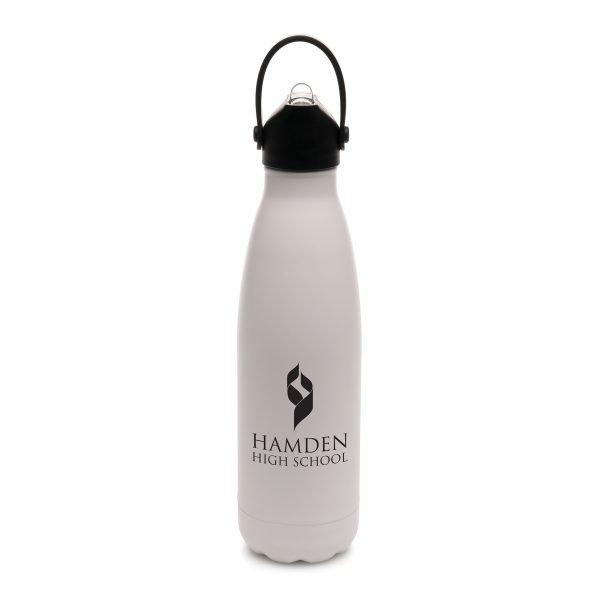 500ml double walled, stainless steel drinks bottle with a powder finish and screw on lid with a flip up straw and handle. (PP plastic lid and handle, PS sipper and PE straw). BPA and PVC free.