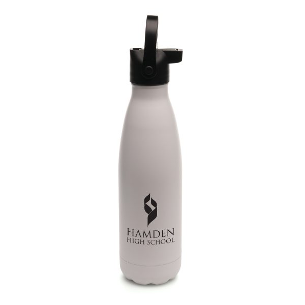 500ml double walled, stainless steel drinks bottle with a powder finish and screw on lid with a flip up straw and handle. (PP plastic lid and handle, PS sipper and PE straw). BPA and PVC free.