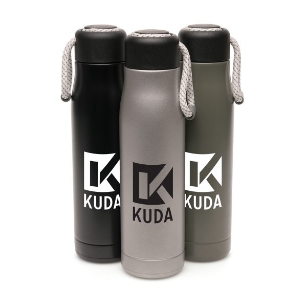 550ml double walled, stainless steel flask drinks bottle and PP screw top cap with built in polyester rope handle. Ideal for keeping those hot or cold beverages at the perfect temperature while you’re out and about. BPA & PVC free.