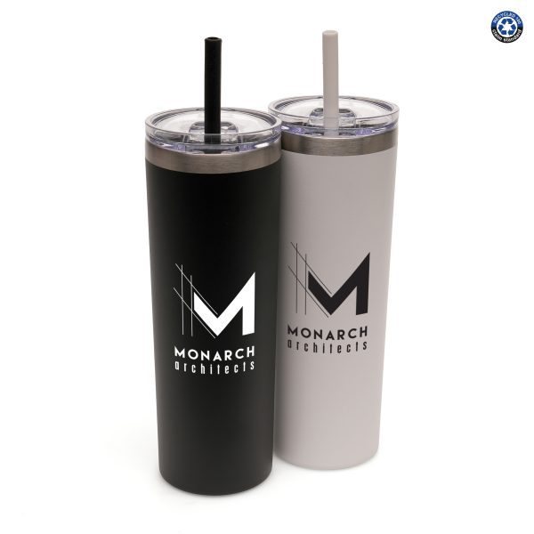 580ml double walled stainless steel RCS certified tumbler with clear PS push on lid and Silicone straw to prevent spills. A stylish promotional product for those who travel or are constantly on the go. BPA & PVC free.