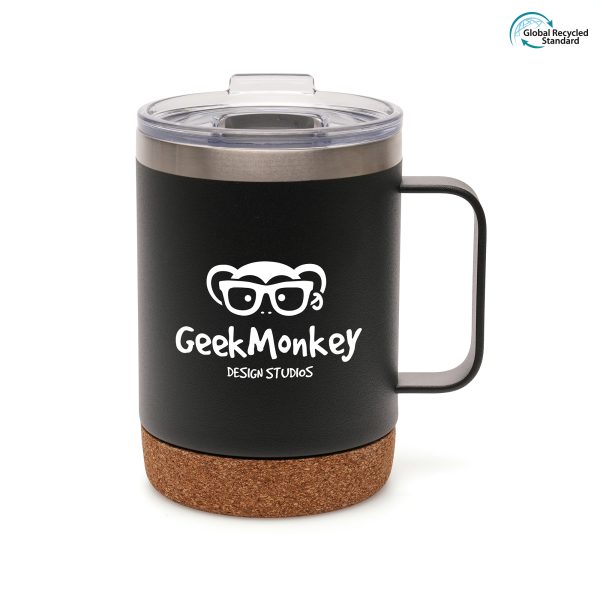 360ml double-walled stainless steel travel mug with handle. Features PS plastic clear push-on lid, PP plastic slide-down black sipper, powder coating and a cork bottom. BPA & PVC free.