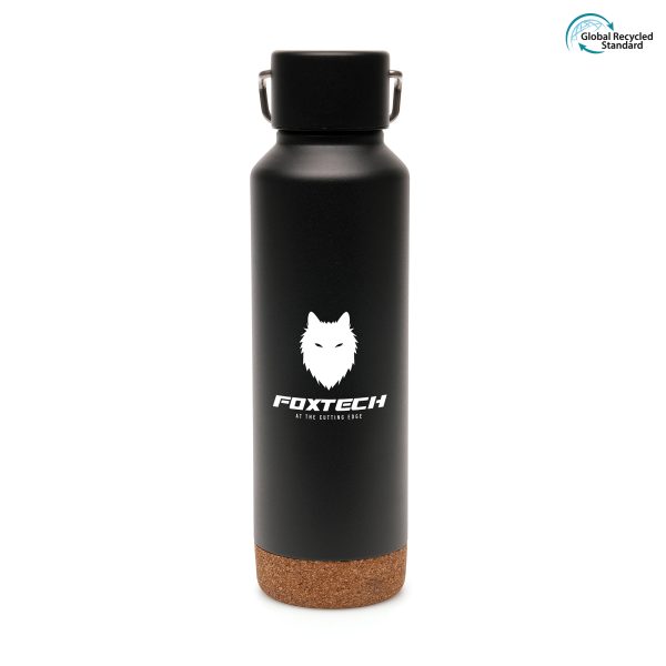 720ml double walled vacuum bottle with stainless steel body, built in handle to lid and cork base. BPA & PVC free.