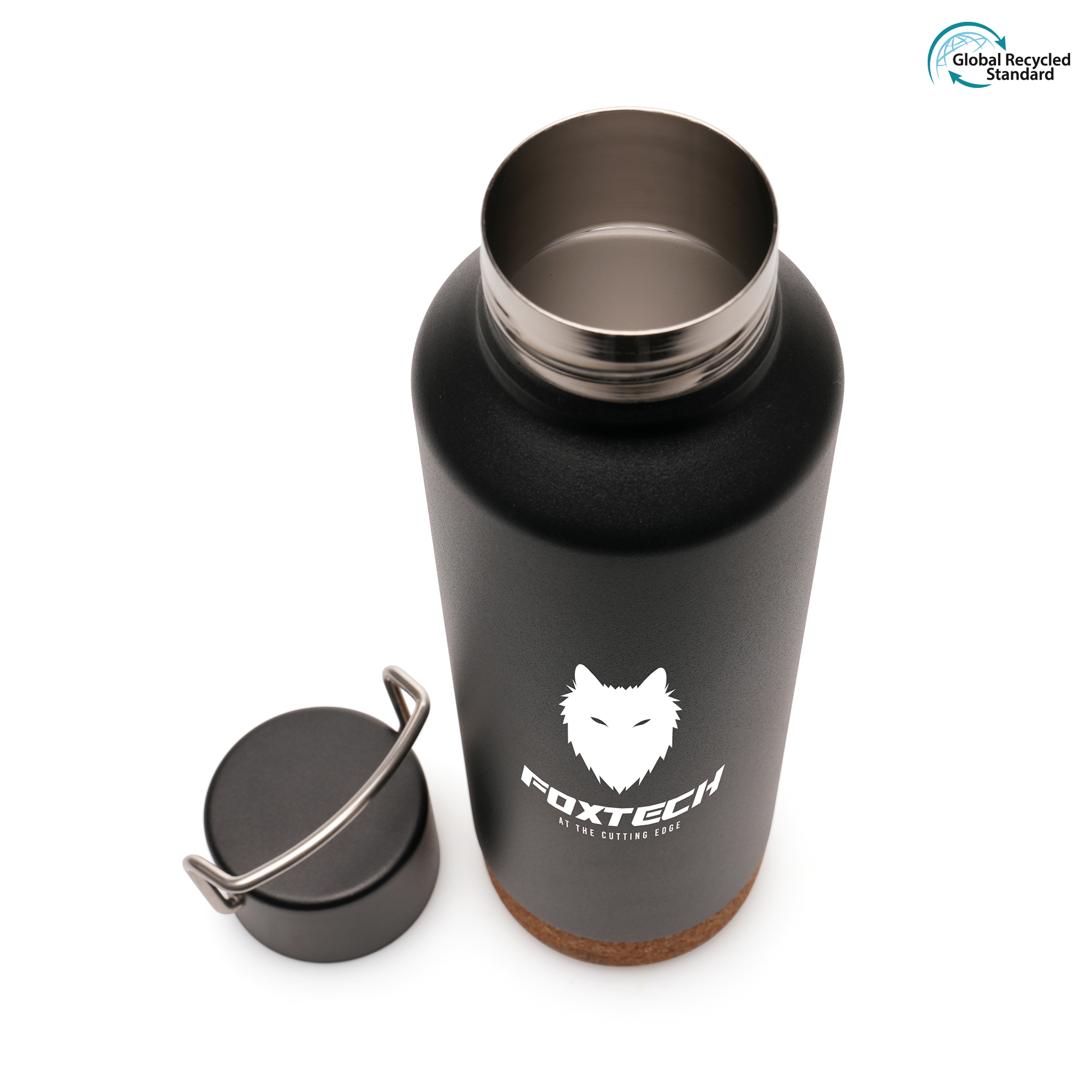 720ml double walled vacuum bottle with stainless steel body, built in handle to lid and cork base. BPA & PVC free.