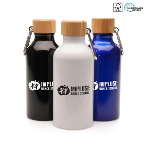 400ml single walled, aluminium drinks bottle with FSC bamboo lid and carabineer attachment. BPA & PVC free.