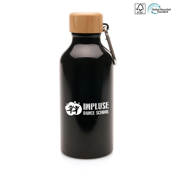 400ml single walled, aluminium drinks bottle with FSC bamboo lid and carabineer attachment. BPA & PVC free.