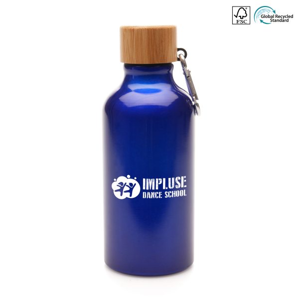 400ml single walled, aluminium drinks bottle with FSC bamboo lid and carabineer attachment. BPA & PVC free.