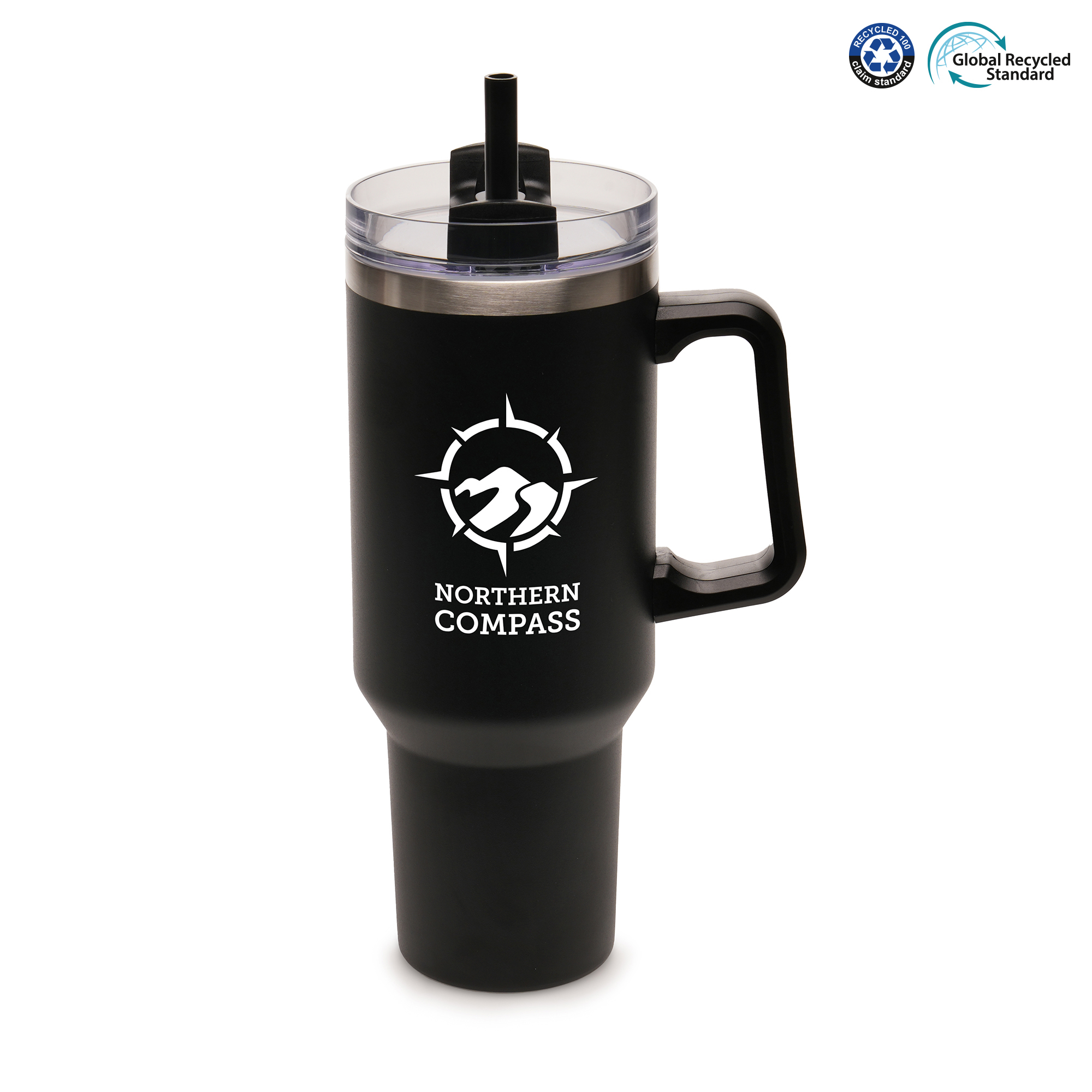 1182ml double walled, stainless steel travel mug with built-in recycled PP handle and a powder-coated finish. Featuring a clear lid, recycled PP plastic black slider and RPE coloured plastic straw. BPA & PVC free.