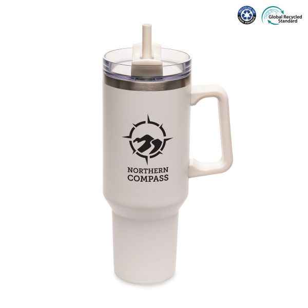 1182ml double walled, stainless steel travel mug with built-in recycled PP handle and a powder-coated finish. Featuring a clear lid, recycled PP plastic black slider and RPE coloured plastic straw. BPA & PVC free.