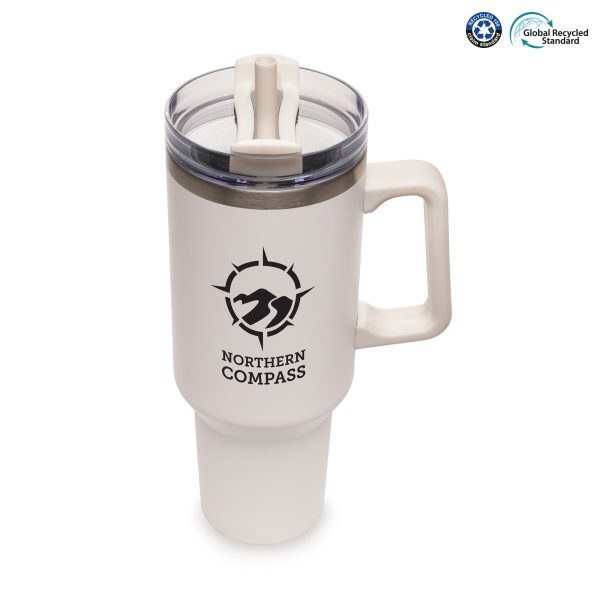 1182ml double walled, stainless steel travel mug with built-in recycled PP handle and a powder-coated finish. Featuring a clear lid, recycled PP plastic black slider and RPE coloured plastic straw. BPA & PVC free.