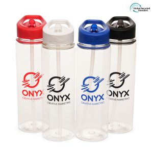 725ml GRS certified, single walled, transparent RPET plastic drinks bottle made with 98% recycled materials with coloured secure screw top lid, coloured band and fold down sip mouth piece (RPP plastic lid, RPS plastic sipper and RPE plastic straw).