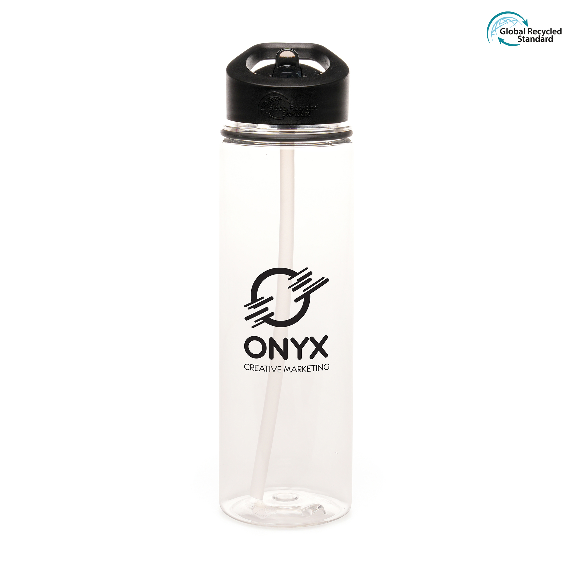 725ml GRS certified, single walled, transparent RPET plastic drinks bottle made with 98% recycled materials with coloured secure screw top lid, coloured band and fold down sip mouth piece (RPP plastic lid, RPS plastic sipper and RPE plastic straw).